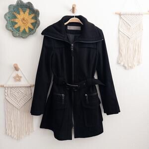 Zara Basic Large Black Wool Blend Belted Utility Peacoat